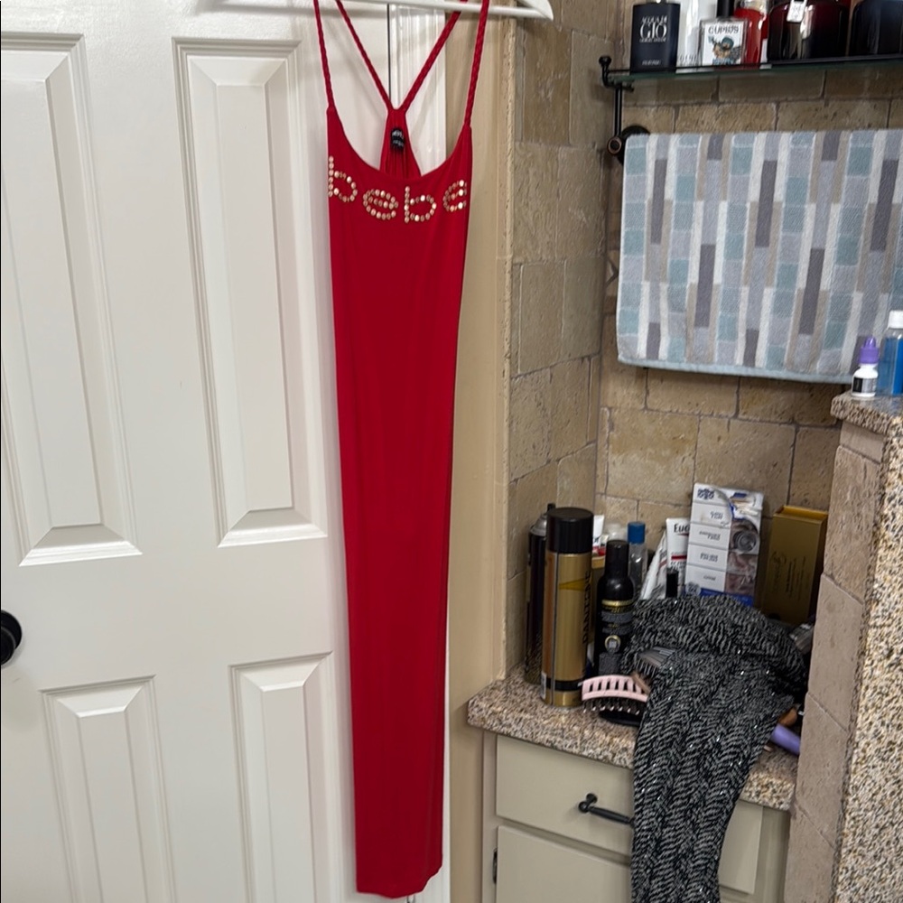 Bebe Red Bodycon Maxi Dress with Spaghetti Straps